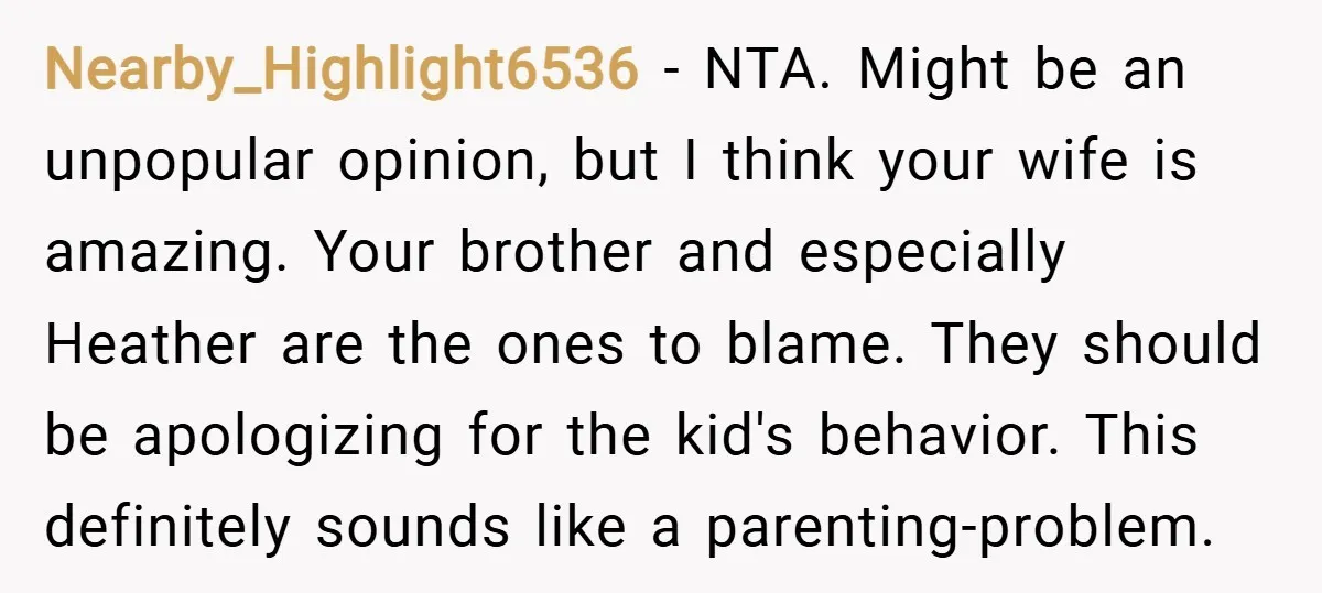 Nearby_Highlight6536 − NTA. Might be an unpopular opinion, but I think your wife is amazing. Your brother and especially Heather are the ones to blame. They should be apologizing for...