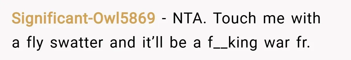 Significant-Owl5869 − NTA. Touch me with a fly swatter and it’ll be a f__king war fr.