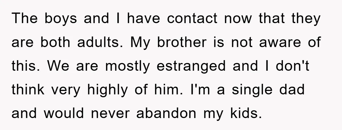 The boys and I have contact now that they are both adults. My brother is not aware of this. We are mostly estranged and I don't think very highly of...
