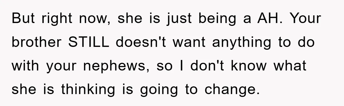 But right now, she is just being a AH. Your brother STILL doesn't want anything to do with your nephews, so I don't know what she is thinking is going...