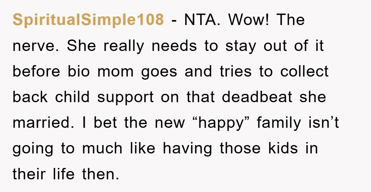 SpiritualSimple108 − NTA. Wow! The nerve. She really needs to stay out of it before bio mom goes and tries to collect back child support on that deadbeat she married....