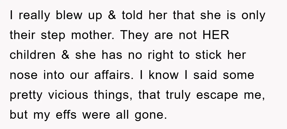 I really blew up & told her that she is only their step mother. They are not HER children & she has no right to stick her nose into our...