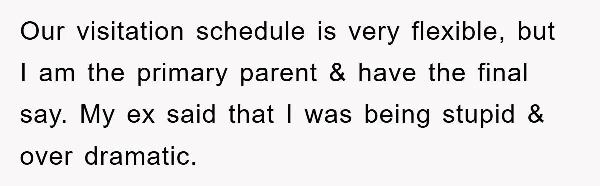 Our visitation schedule is very flexible, but I am the primary parent & have the final say. My ex said that I was being stupid & over dramatic.