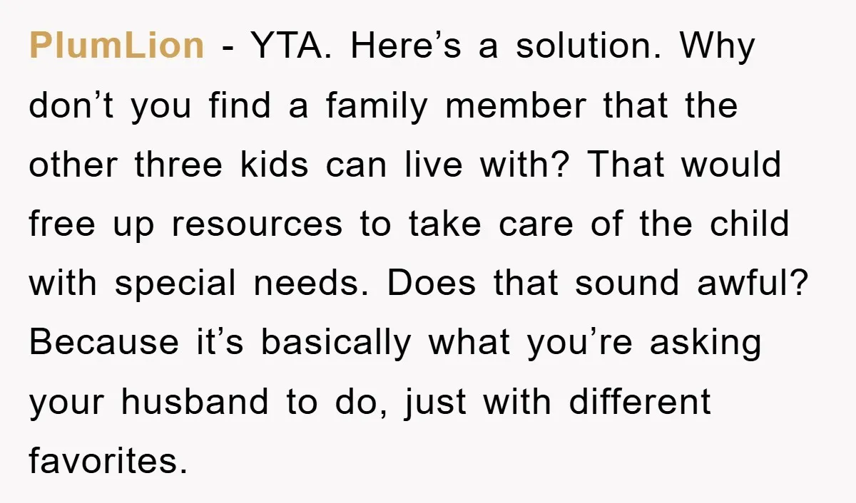 PlumLion − YTA. Here’s a solution. Why don’t you find a family member that the other three kids can live with? That would free up resources to take care of...