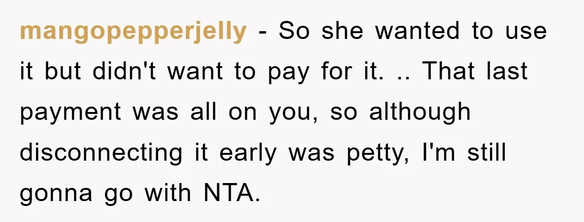 mangopepperjelly − So she wanted to use it but didn't want to pay for it. .. That last payment was all on you, so although disconnecting it early was petty,...