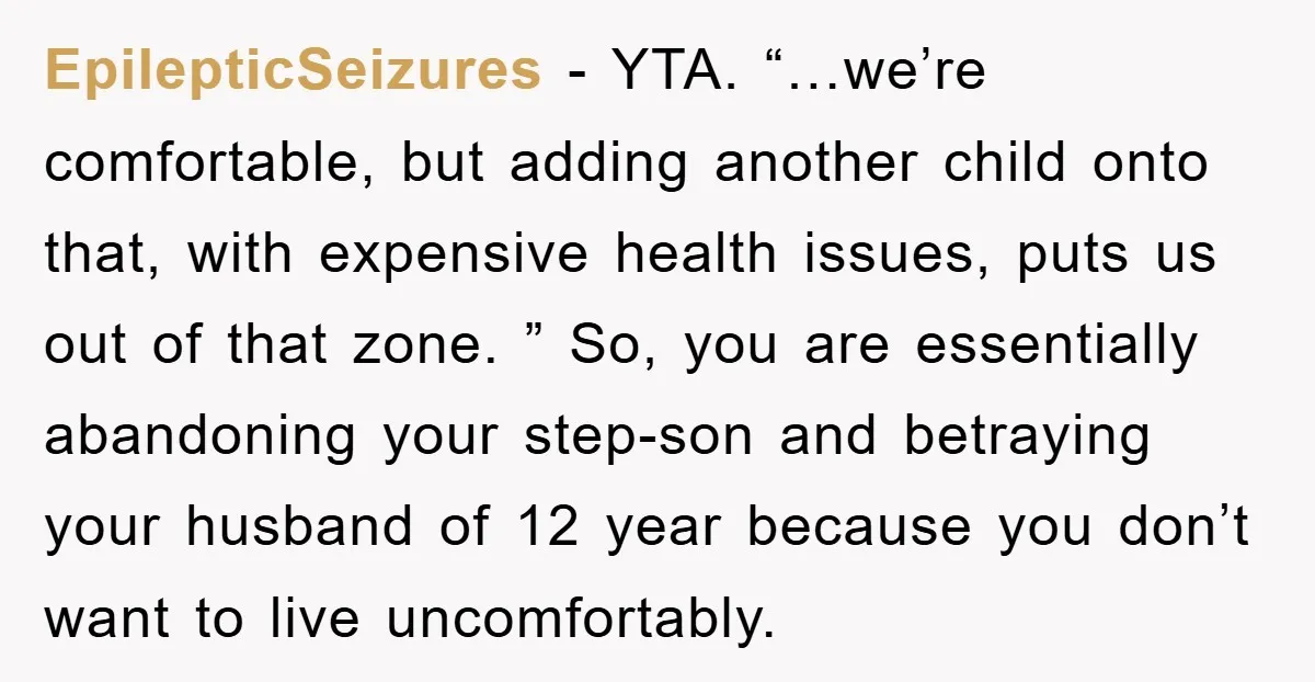 EpilepticSeizures − YTA. “…we’re comfortable, but adding another child onto that, with expensive health issues, puts us out of that zone. ” So, you are essentially abandoning your step-son and...