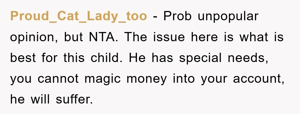 Proud_Cat_Lady_too − Prob unpopular opinion, but NTA. The issue here is what is best for this child. He has special needs, you cannot magic money into your account, he will...