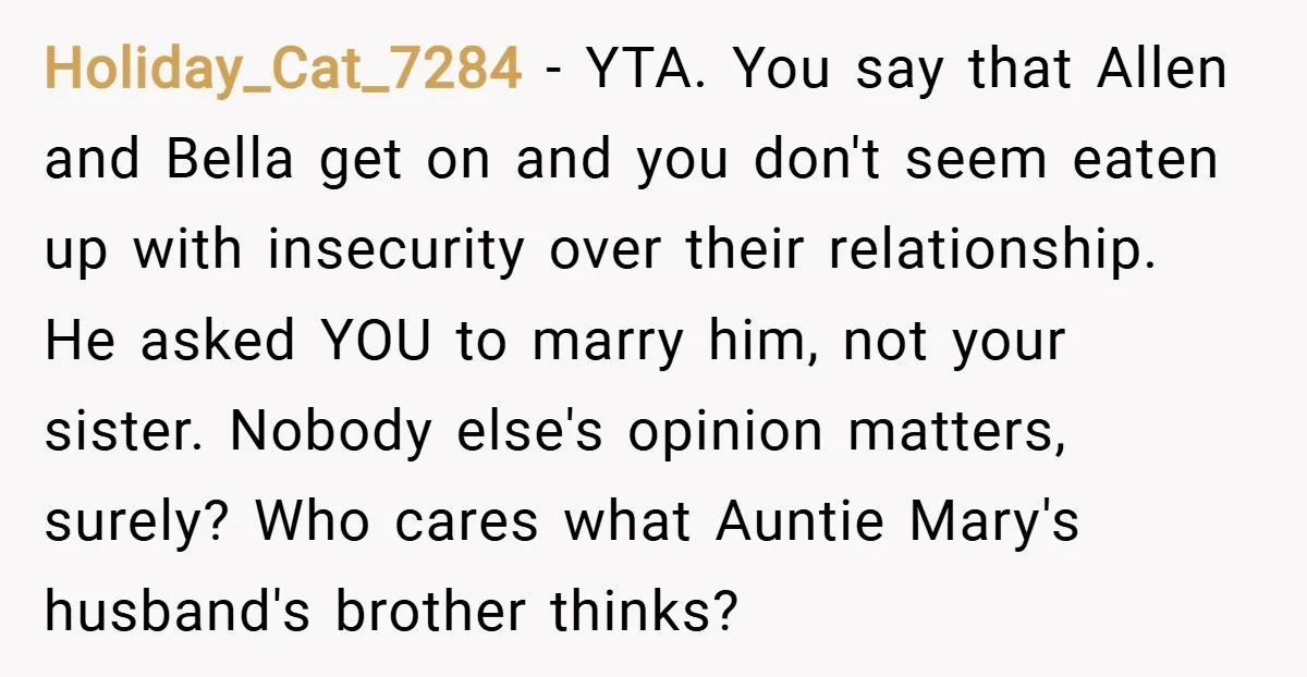 Holiday_Cat_7284 − YTA. You say that Allen and Bella get on and you don't seem eaten up with insecurity over their relationship. He asked YOU to marry him, not your...