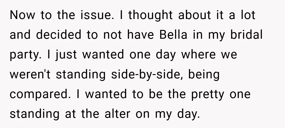 Now to the issue. I thought about it a lot and decided to not have Bella in my bridal party. I just wanted one day where we weren't standing side-by-side,...