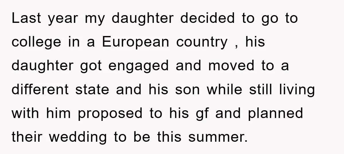 Last year my daughter decided to go to college in a European country , his daughter got engaged and moved to a different state and his son while still living...