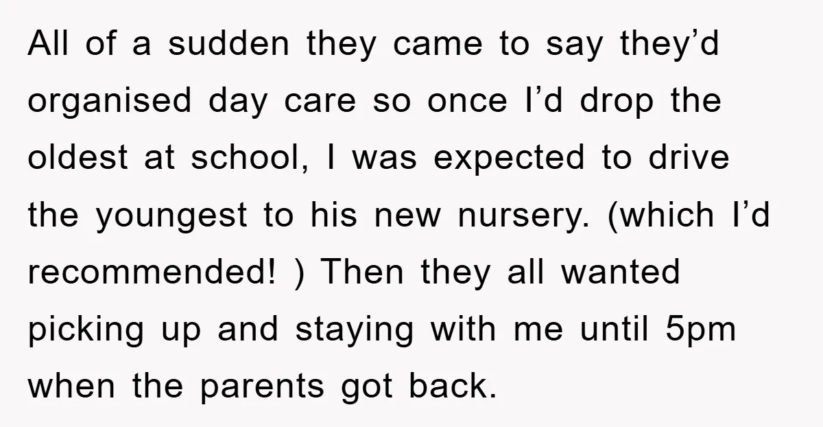 All of a sudden they came to say they’d organised day care so once I’d drop the oldest at school, I was expected to drive the youngest to his new...
