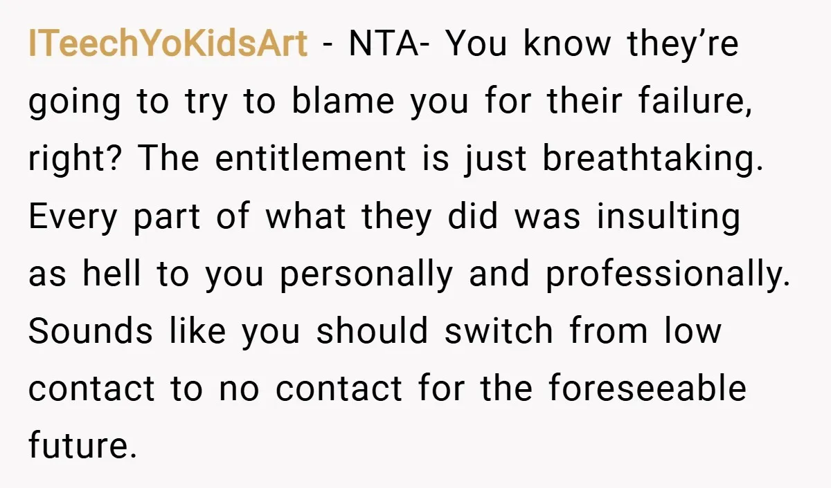 ITeechYoKidsArt − NTA- You know they’re going to try to blame you for their failure, right? The entitlement is just breathtaking. Every part of what they did was insulting as...