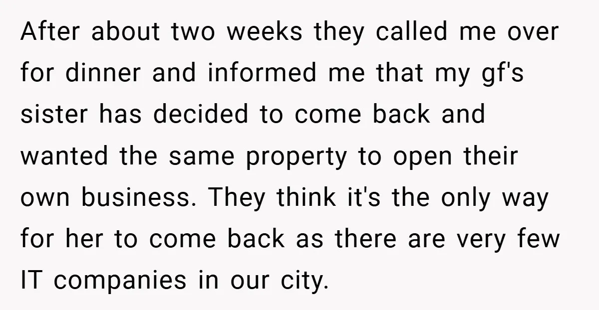 After about two weeks they called me over for dinner and informed me that my gf's sister has decided to come back and wanted the same property to open their...