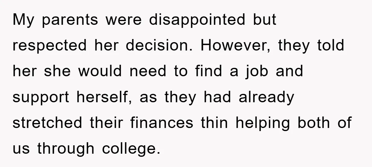 My parents were disappointed but respected her decision. However, they told her she would need to find a job and support herself, as they had already stretched their finances thin...