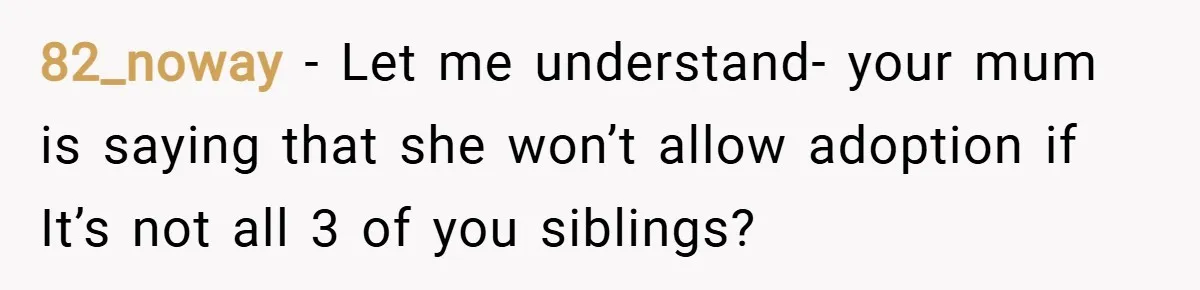 82_noway − Let me understand- your mum is saying that she won’t allow adoption if It’s not all 3 of you siblings?