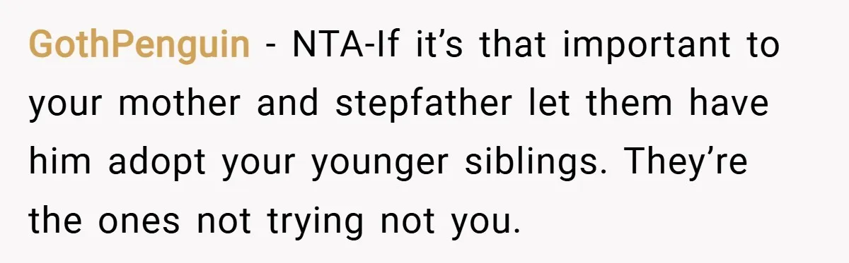 GothPenguin − NTA-If it’s that important to your mother and stepfather let them have him adopt your younger siblings. They’re the ones not trying not you.