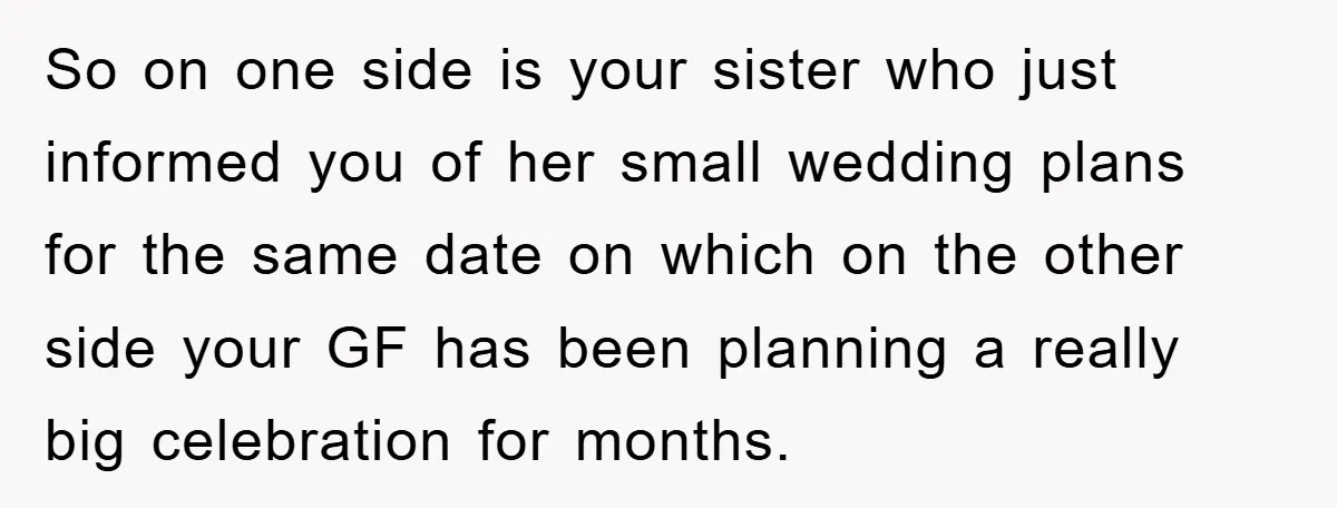 So on one side is your sister who just informed you of her small wedding plans for the same date on which on the other side your GF has been...