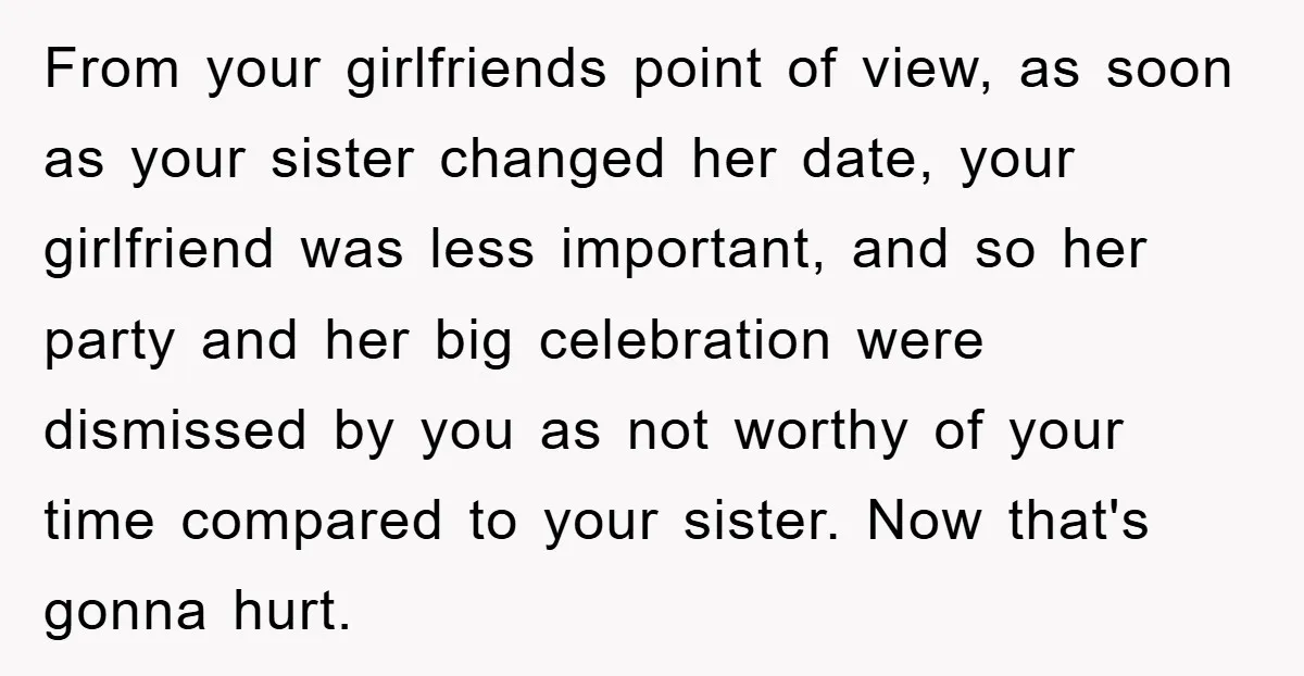 From your girlfriends point of view, as soon as your sister changed her date, your girlfriend was less important, and so her party and her big celebration were dismissed by...