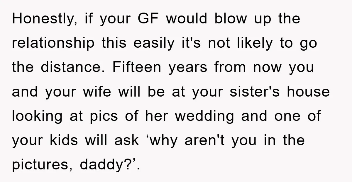 Honestly, if your GF would blow up the relationship this easily it's not likely to go the distance. Fifteen years from now you and your wife will be at your...