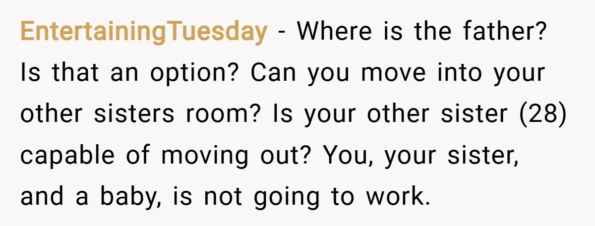 EntertainingTuesday − Where is the father? Is that an option? Can you move into your other sisters room? Is your other sister (28) capable of moving out? You, your sister,...