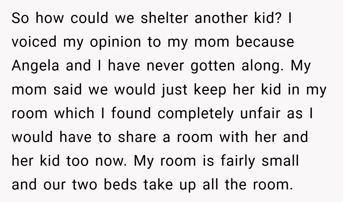 So how could we shelter another kid? I voiced my opinion to my mom because Angela and I have never gotten along. My mom said we would just keep her...