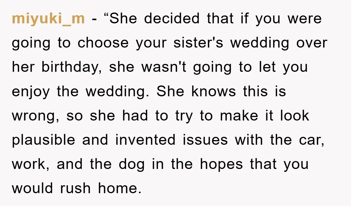 miyuki_m - “She decided that if you were going to choose your sister's wedding over her birthday, she wasn't going to let you enjoy the wedding. She knows this is...