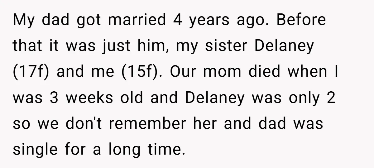 My dad got married 4 years ago. Before that it was just him, my sister Delaney (17f) and me (15f). Our mom died when I was 3 weeks old and...