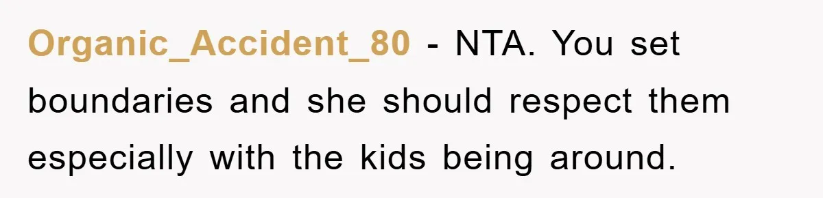 Organic_Accident_80 − NTA. You set boundaries and she should respect them especially with the kids being around.