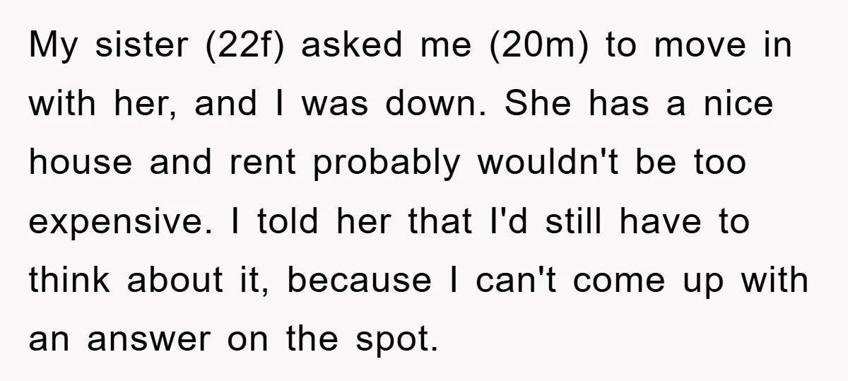 My sister (22f) asked me (20m) to move in with her, and I was down. She has a nice house and rent probably wouldn't be too expensive. I told her...
