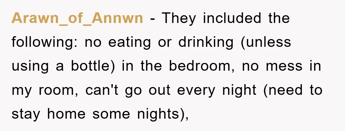 Arawn_of_Annwn − They included the following: no eating or drinking (unless using a bottle) in the bedroom, no mess in my room, can't go out every night (need to stay...