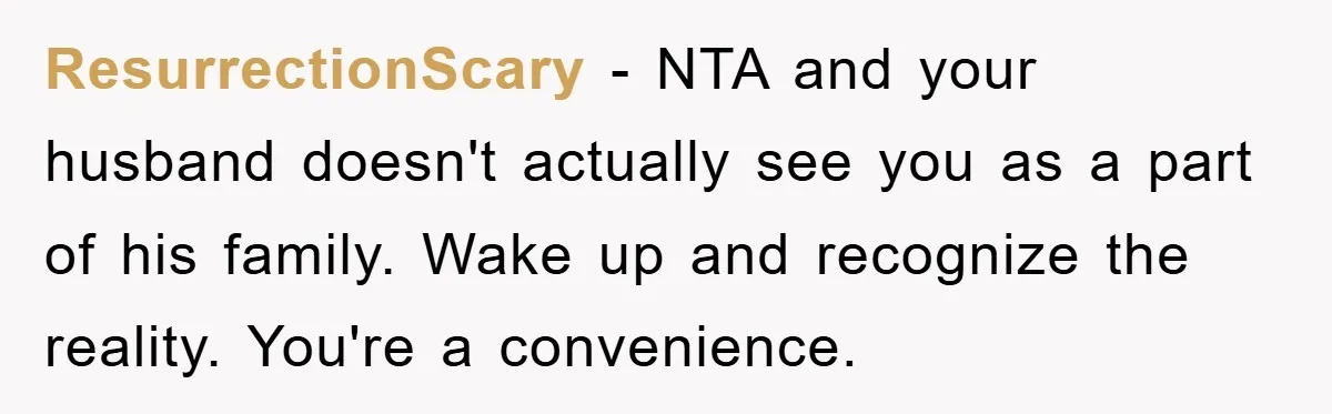 ResurrectionScary − NTA and your husband doesn't actually see you as a part of his family. Wake up and recognize the reality. You're a convenience.