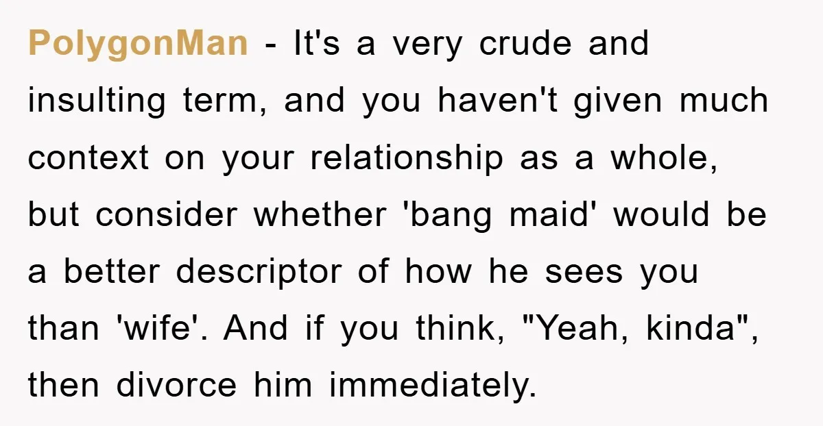PolygonMan − It's a very crude and insulting term, and you haven't given much context on your relationship as a whole, but consider whether 'bang maid' would be a better...
