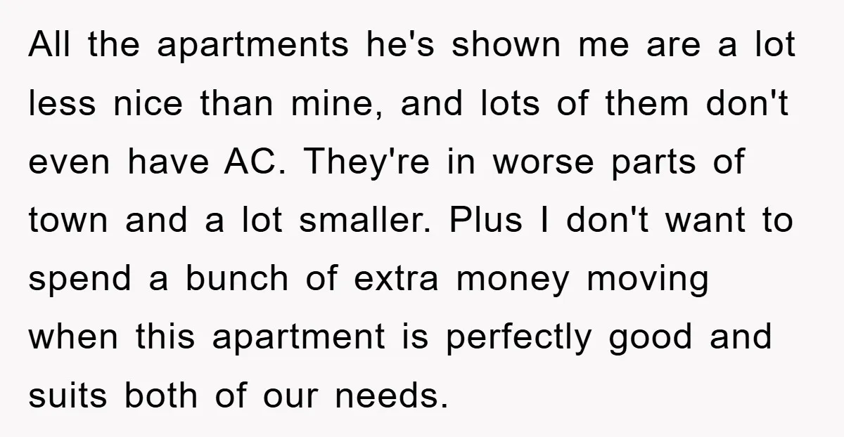 All the apartments he's shown me are a lot less nice than mine, and lots of them don't even have AC. They're in worse parts of town and a lot...