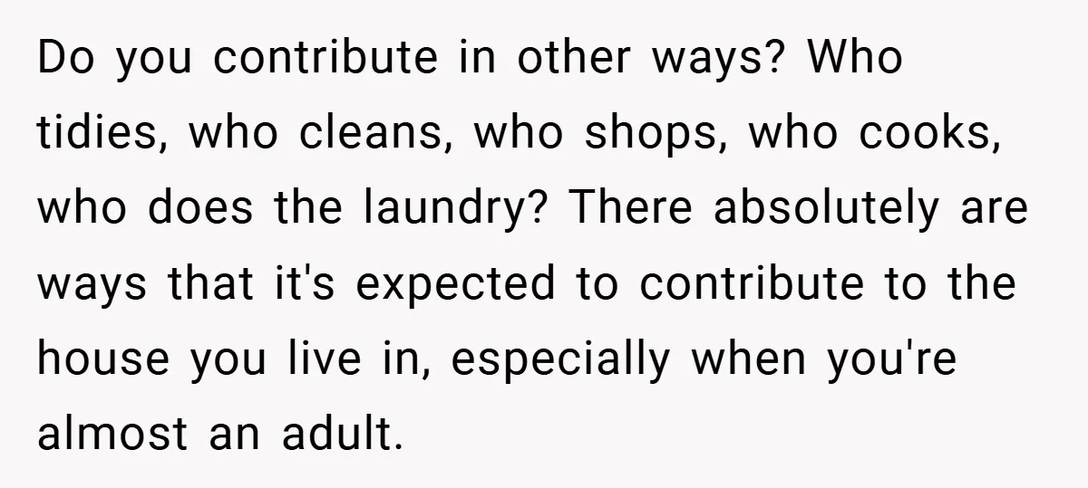 Do you contribute in other ways? Who tidies, who cleans, who shops, who cooks, who does the laundry? There absolutely are ways that it's expected to contribute to the house...