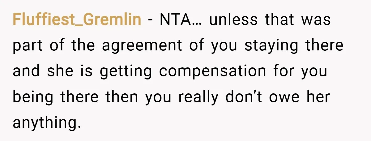 Fluffiest_Gremlin − NTA… unless that was part of the agreement of you staying there and she is getting compensation for you being there then you really don’t owe her anything.