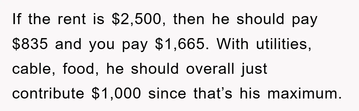 If the rent is $2,500, then he should pay $835 and you pay $1,665. With utilities, cable, food, he should overall just contribute $1,000 since that’s his maximum.
