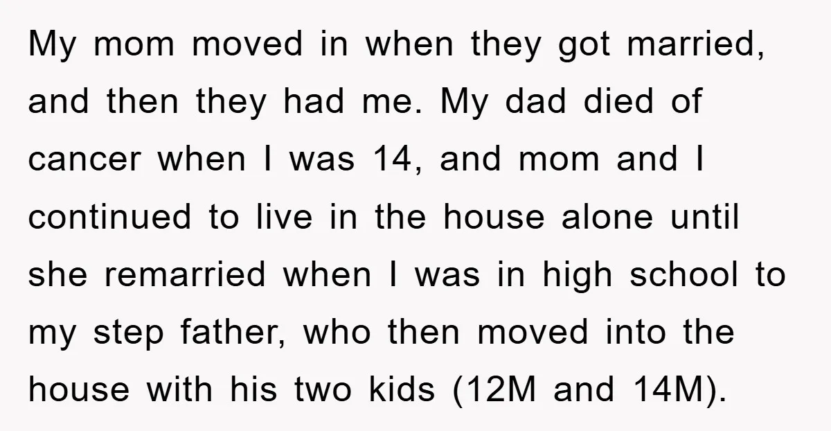 My mom moved in when they got married, and then they had me. My dad died of cancer when I was 14, and mom and I continued to live in...