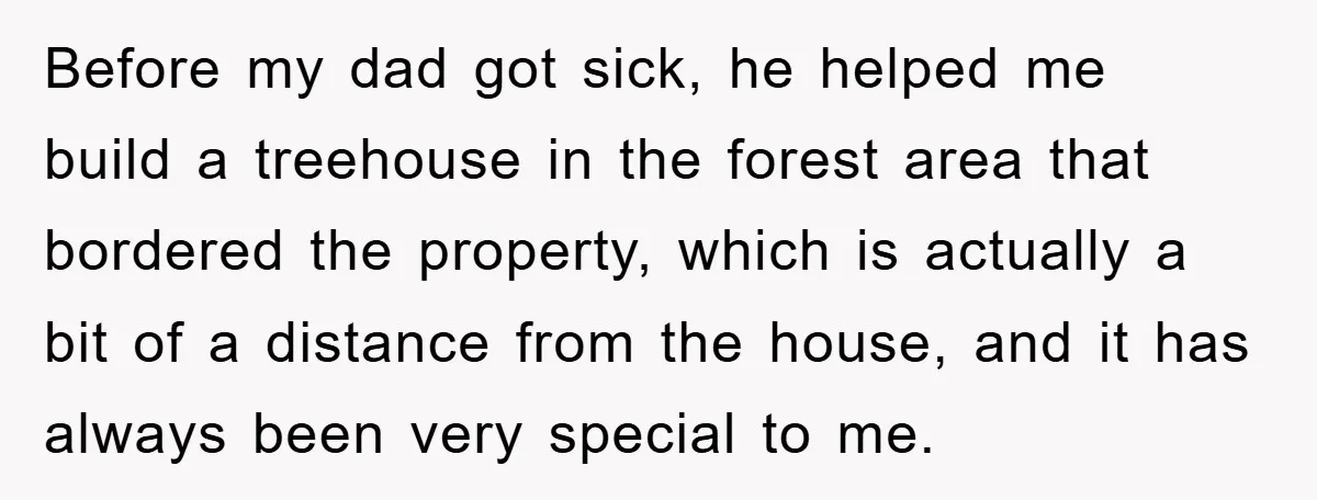 Before my dad got sick, he helped me build a treehouse in the forest area that bordered the property, which is actually a bit of a distance from the house,...