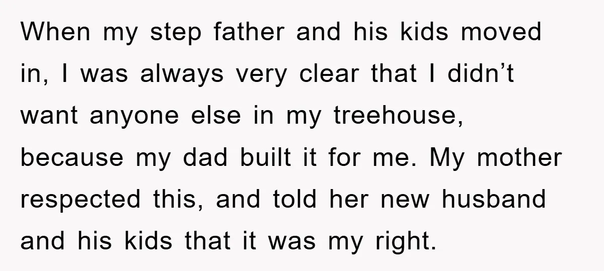 When my step father and his kids moved in, I was always very clear that I didn’t want anyone else in my treehouse, because my dad built it for me....