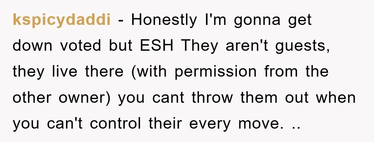 kspicydaddi − Honestly I'm gonna get down voted but ESH They aren't guests, they live there (with permission from the other owner) you cant throw them out when you can't...