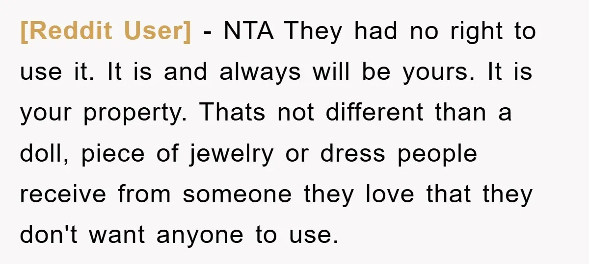 [Reddit User] − NTA They had no right to use it. It is and always will be yours. It is your property. Thats not different than a doll, piece of...