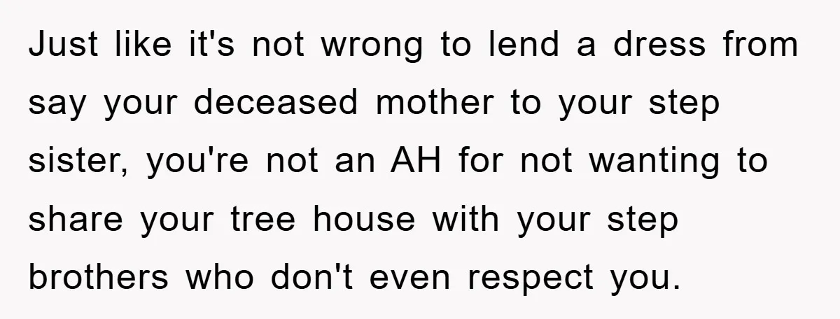 Just like it's not wrong to lend a dress from say your deceased mother to your step sister, you're not an AH for not wanting to share your tree house...