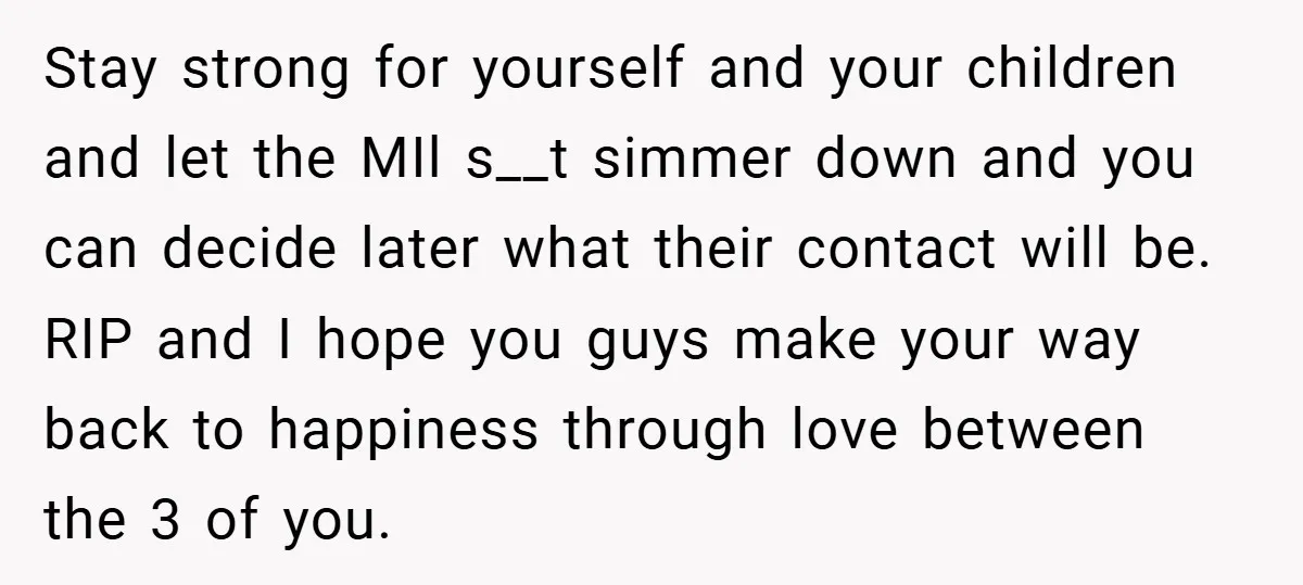 Stay strong for yourself and your children and let the MIl s__t simmer down and you can decide later what their contact will be. RIP and I hope you guys...
