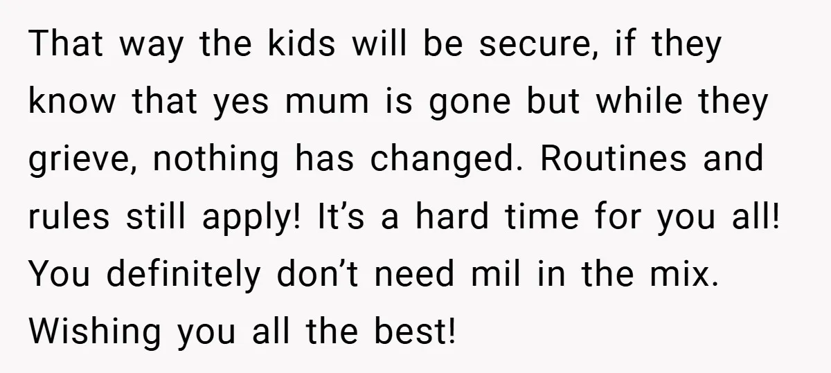 That way the kids will be secure, if they know that yes mum is gone but while they grieve, nothing has changed. Routines and rules still apply! It’s a hard...