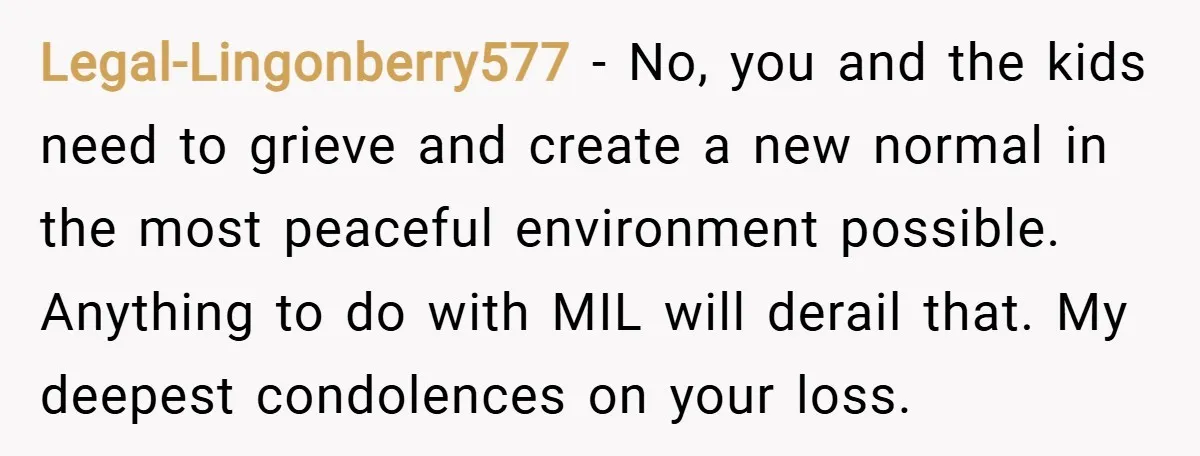 Legal-Lingonberry577 − No, you and the kids need to grieve and create a new normal in the most peaceful environment possible. Anything to do with MIL will derail that. My...