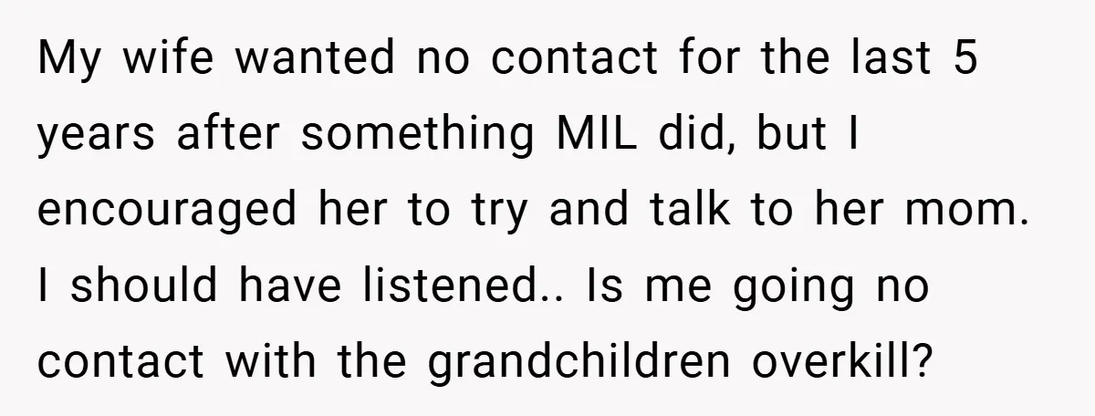 My wife wanted no contact for the last 5 years after something MIL did, but I encouraged her to try and talk to her mom. I should have listened.. Is...