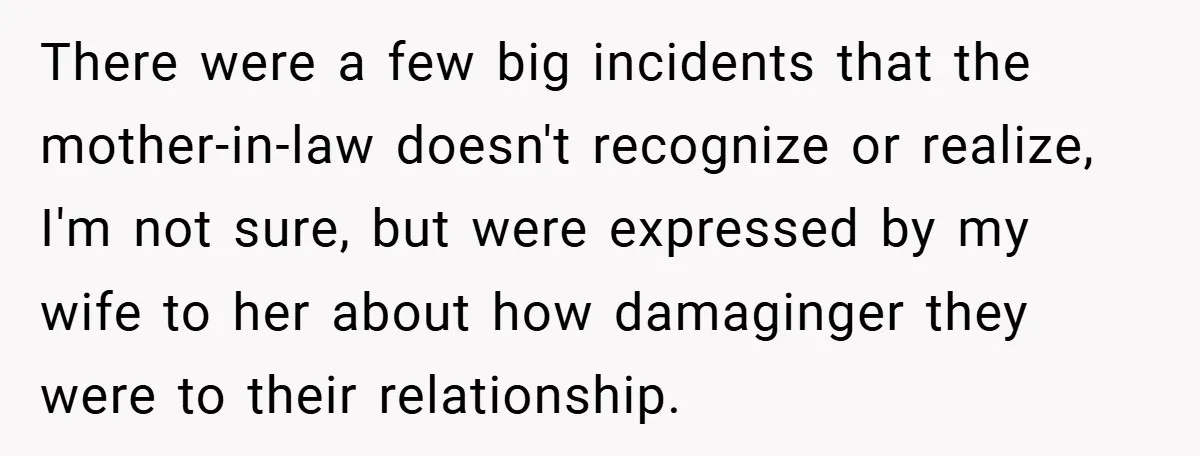 There were a few big incidents that the mother-in-law doesn't recognize or realize, I'm not sure, but were expressed by my wife to her about how damaginger they were to...