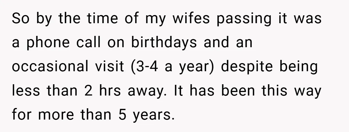 So by the time of my wifes passing it was a phone call on birthdays and an occasional visit (3-4 a year) despite being less than 2 hrs away. It...