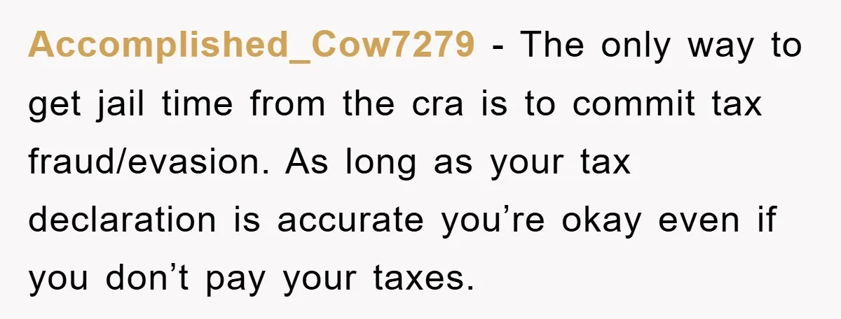 Accomplished_Cow7279 − The only way to get jail time from the cra is to commit tax fraud/evasion. As long as your tax declaration is accurate you’re okay even if you...