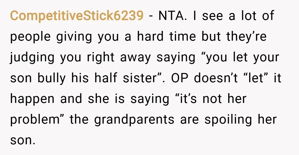 CompetitiveStick6239 − NTA. I see a lot of people giving you a hard time but they’re judging you right away saying “you let your son bully his half sister”. OP...
